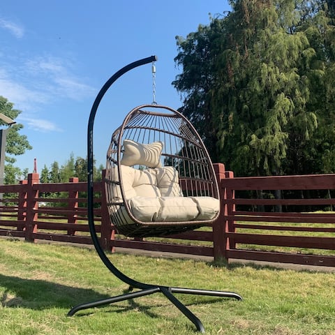 Swing Egg Chair with Stand Wicker Rattan Patio Basket Hanging Chair with C Type bracket,Cushion and Pillow