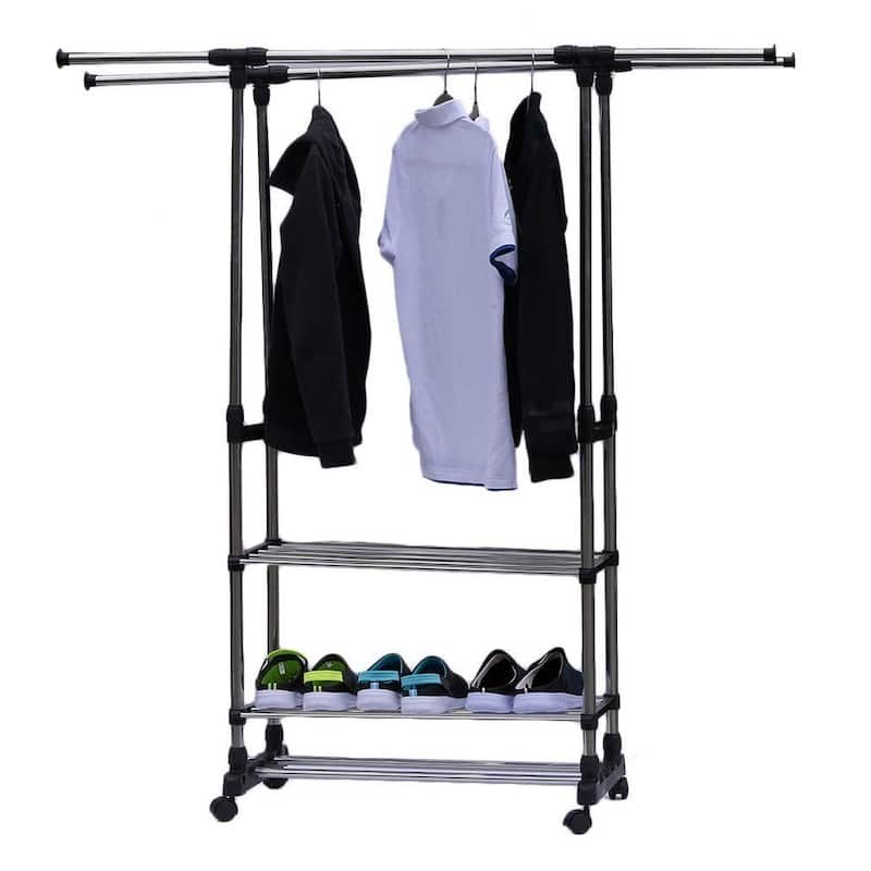 Dual-bar Stretching Stand Clothes Rack with Shoe Shelf