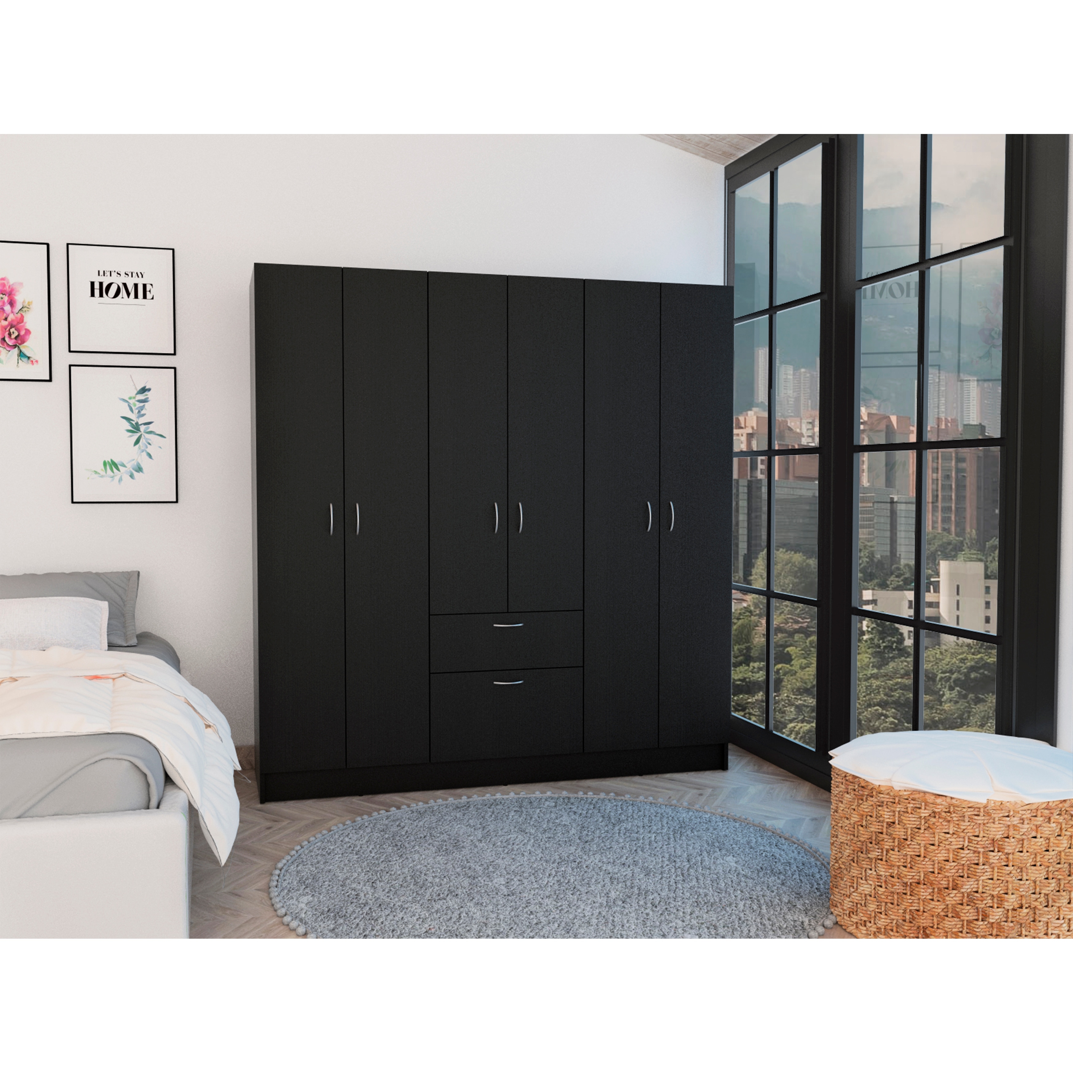 Davenport 1-Drawer Rectangle 6-Door Armoire Black Wengue and White