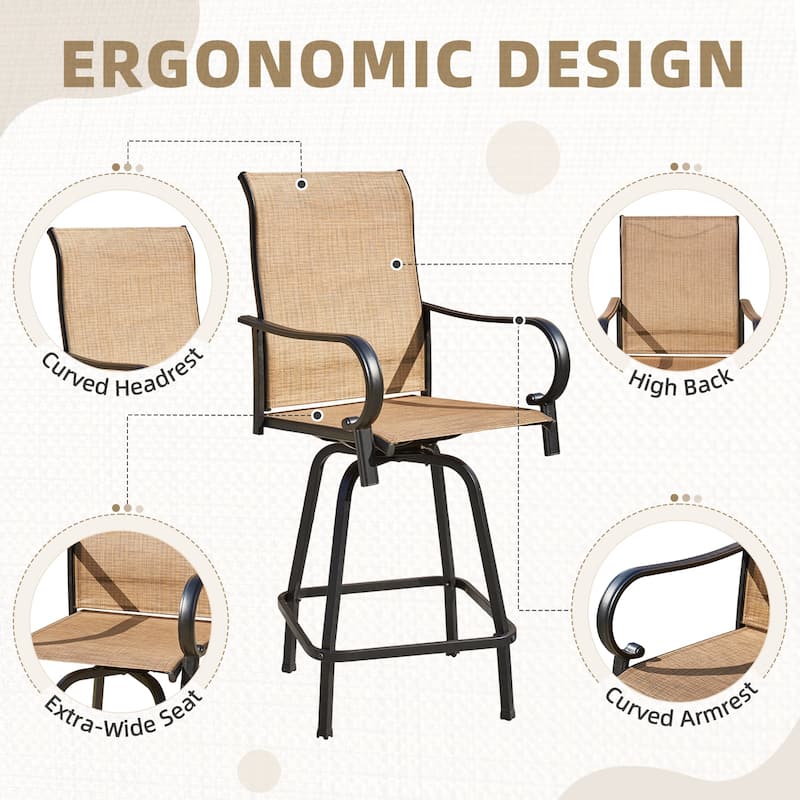 EROMMY Outdoor Swivel Bar Stools Set of 2, 360 Degree Patio Bar Height Chairs with High Back and Textilene Fabric for Garden.