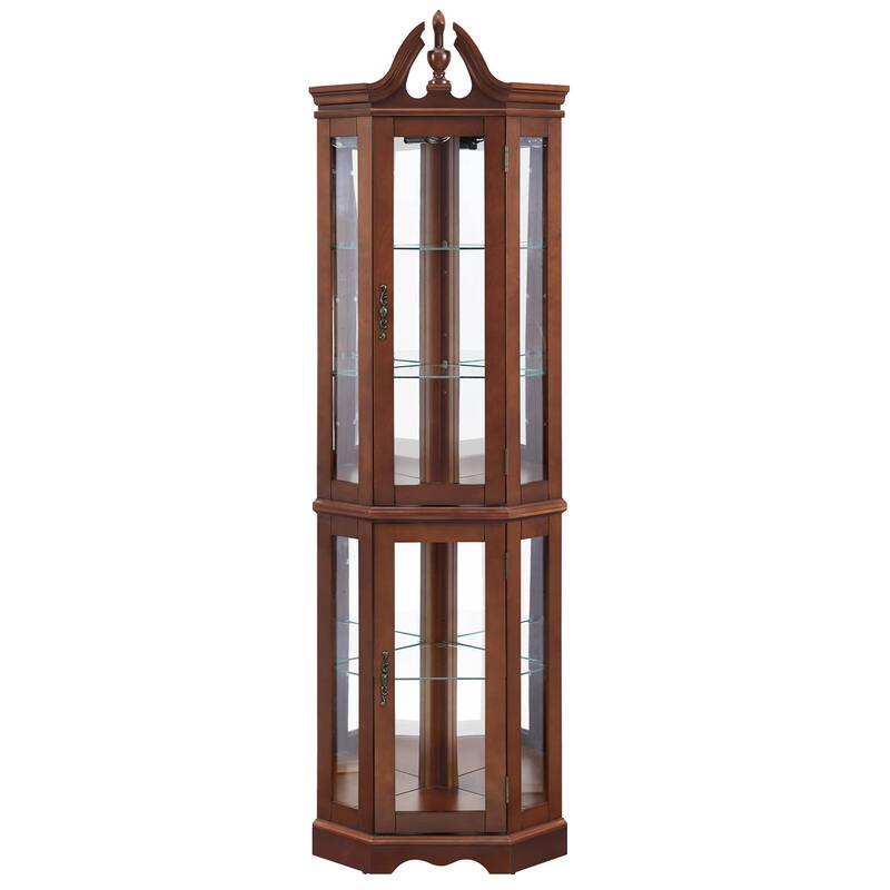 Lighted Curio Cabinet with Mirrored Back, Wooden Corner Display Cabinet, China Cabinet with Glass Doors ＆ Adjustable Shelves