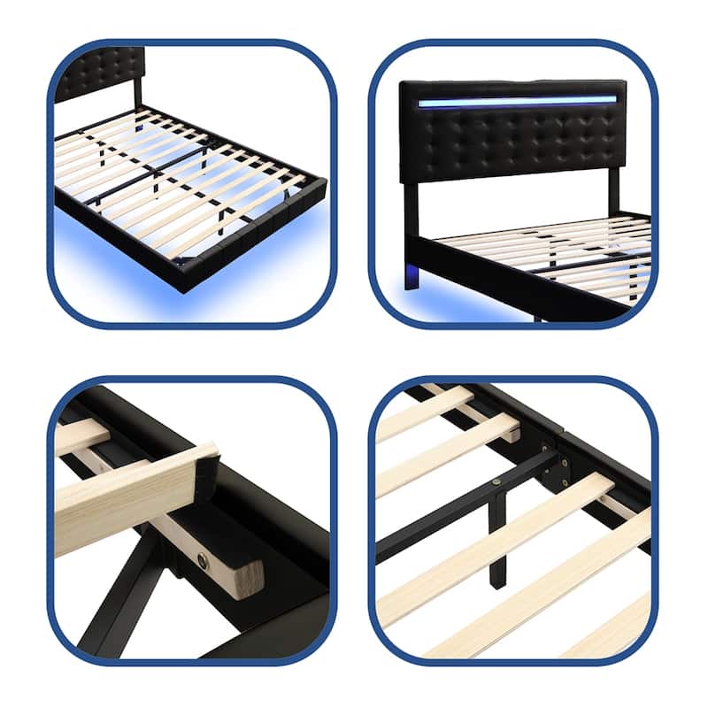 Full Size Floating Bed Frame with LED Lights and USB Charging