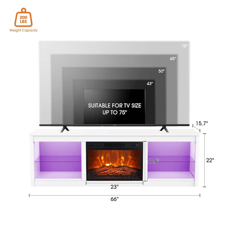 66" White Modern Electric Fireplace TV Stands Console for 75-inch TV with Remote - 66 in console width