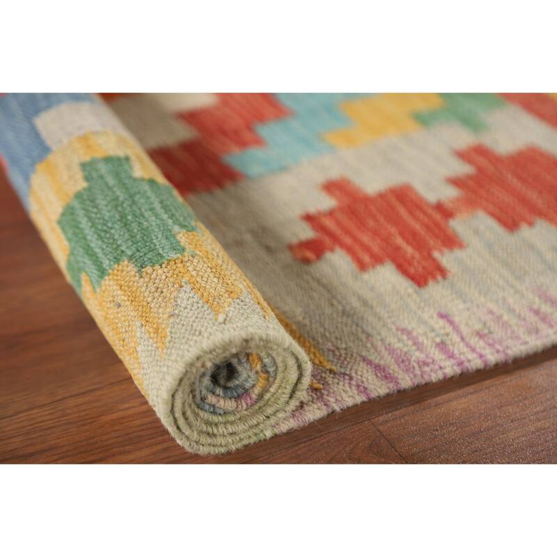 Geometric Reversible Kilim Oriental Accent Rug Flatweave Wool Carpet - 3'4"x 5'2"