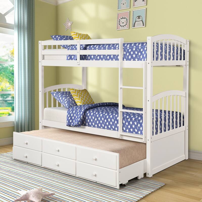 Twin Over Twin Bunk Bed with Trundle and Drawers, White, for Teens and Guest Rooms