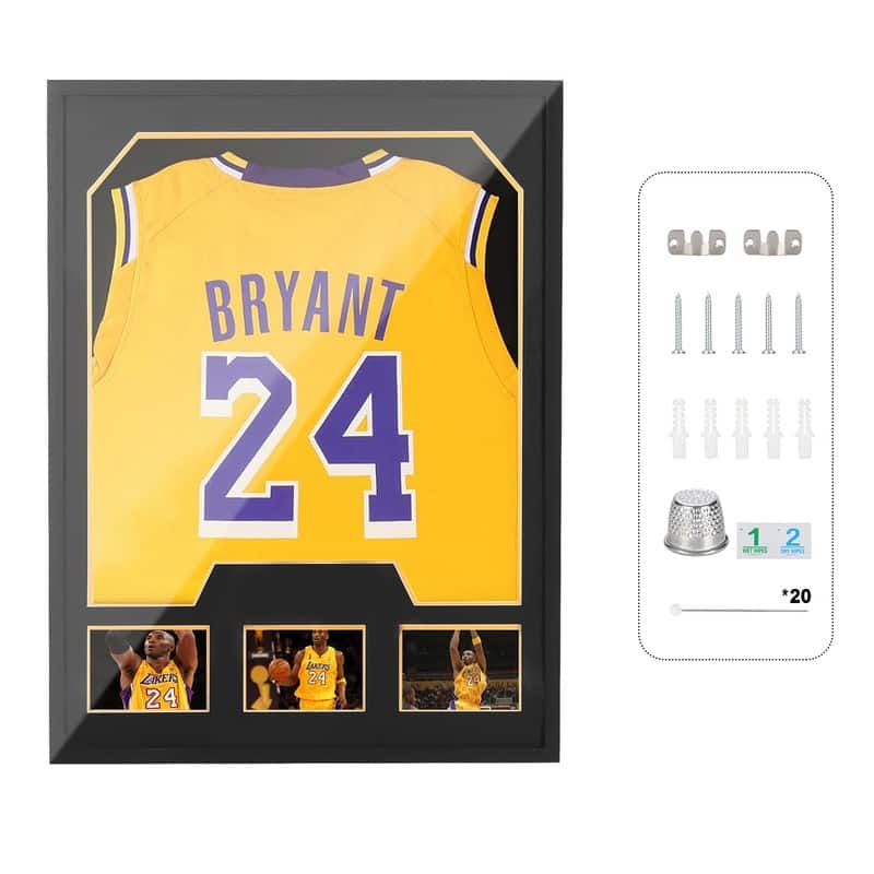 Jersey Display Case with Photo Slots, Shadow Box Frame w/ Black & Gold Pinboards, 98% UV Protection for Sports Memorabilia