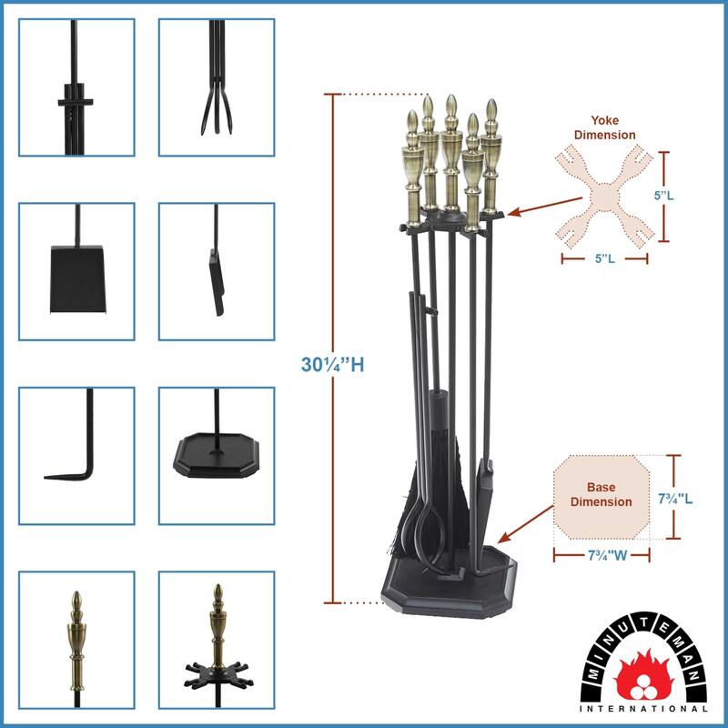 Achla Designs Westford Fireplace Set of 4 Tools, 30.5 Inch Tall, Antique Brass and Black