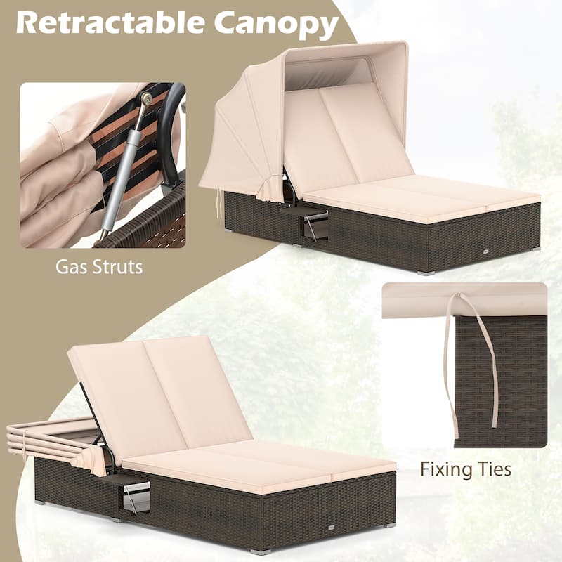 Gymax 2-person Rattan Lounge Bed w/ Retractable Canopy 5-position