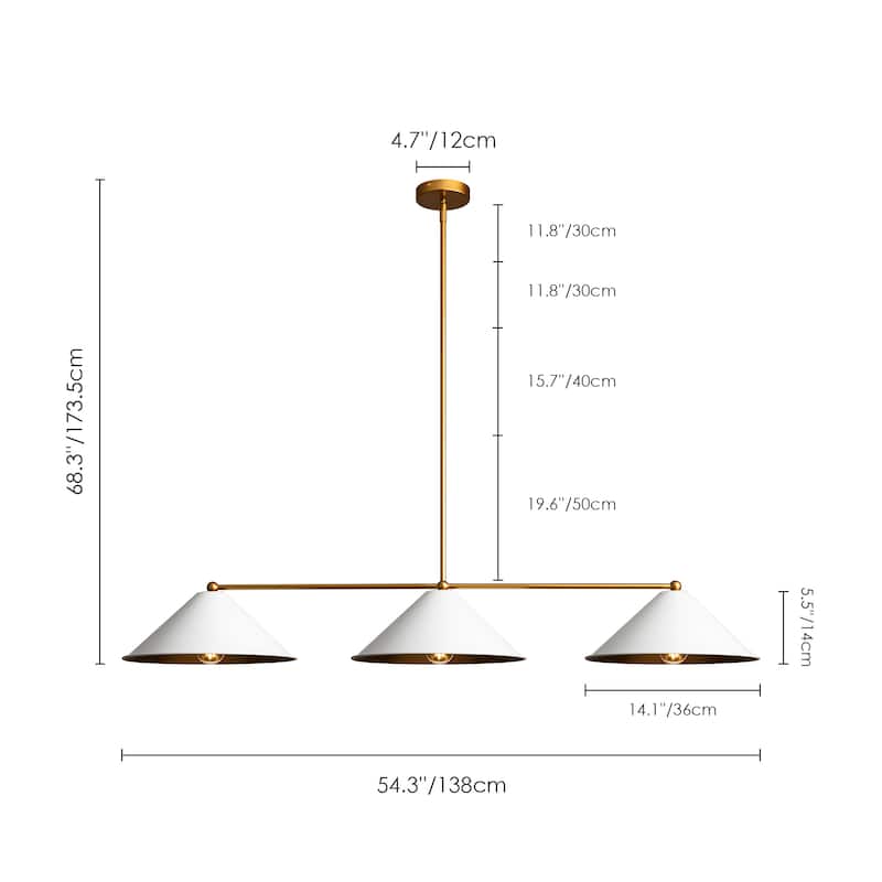 3-Light Mid-Century Modern Black/White Linear Cone Large Chandelier for Dining Room and Kitchen Island