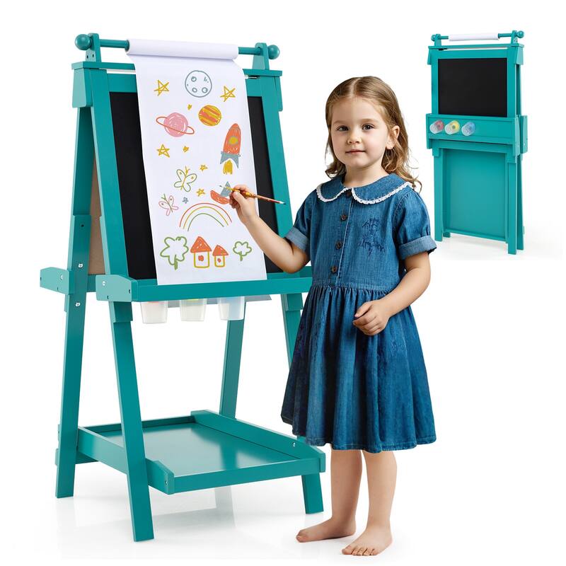 Kids Adjustable Art Easel with Chalkboard Whiteboard Paper Roll and Storage Folding Wooden Drawing Board - 21.5" x 26" x 42"