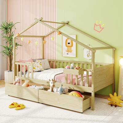 Gymax Twin House Bed w/ 2 Storage Drawers Roof & Fence Rails Headboard
