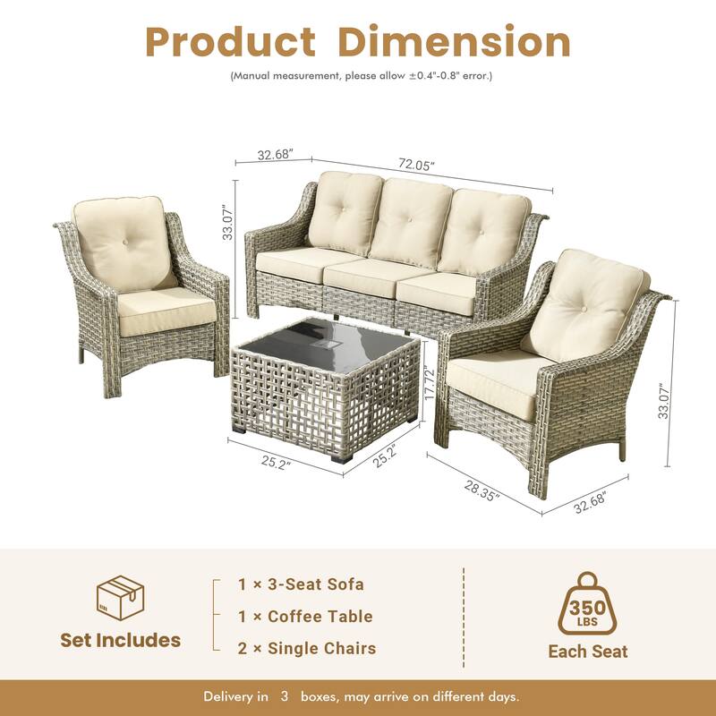 HOOOOWOOO 5-piece Wicker Rattan Patio Outdoor Furniture Ergonomic Conversation Set with Coffee Table