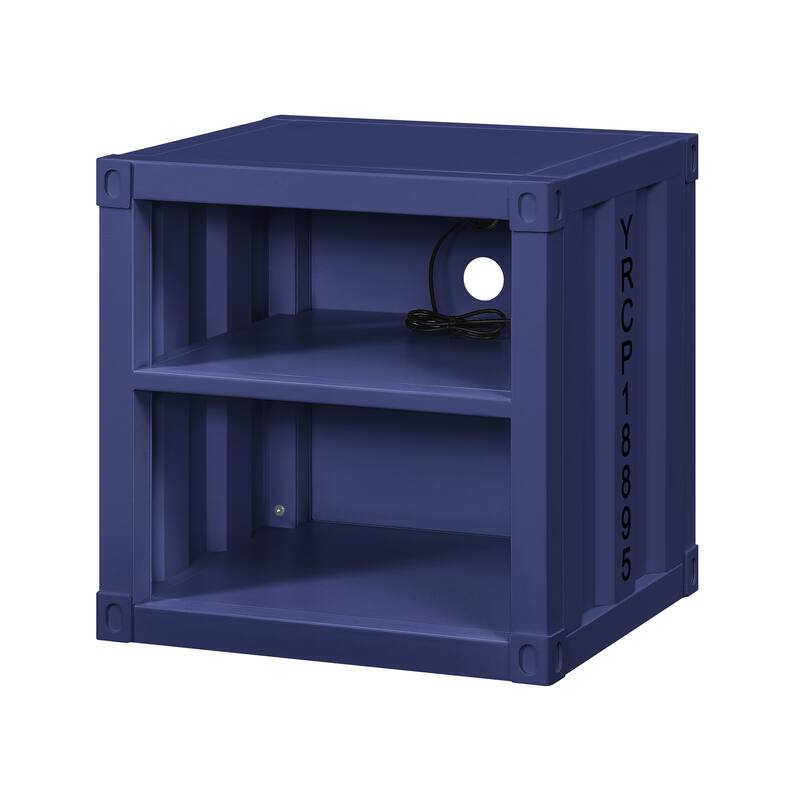 Blue Finish Nightstand with USB Ports and Open Compartments