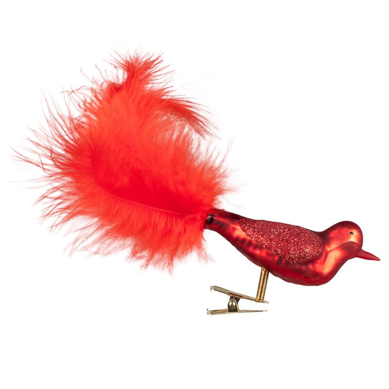 Glitter Winged Bird with Tail Clip On Glass Christmas Ornament - 5.5" - Red Orange