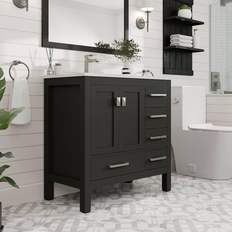 Eviva London 36"W SS Bath Vanity with White Carrara Quartz Top