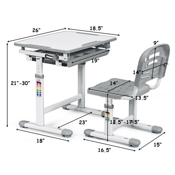 Gymax height adjustable children's desk store chair set multifunctional study drawing gray