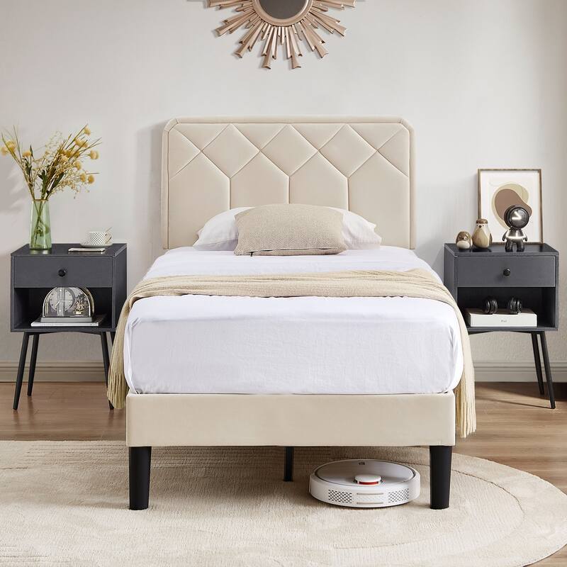 VECELO 3-Pieces Upholstered Platform Bed Frame with Adjustable Headboard and Nightstands Set of 2, Beige