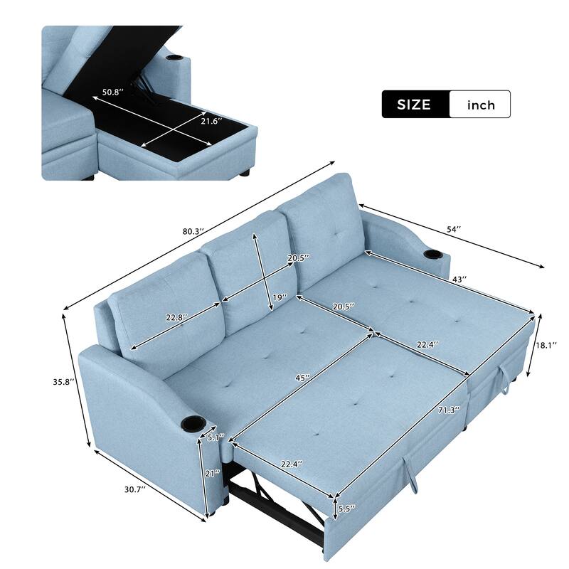 Blue Linen Fabric Pull Out Sectional Sofa Bed with Storage Chaise, Cup
