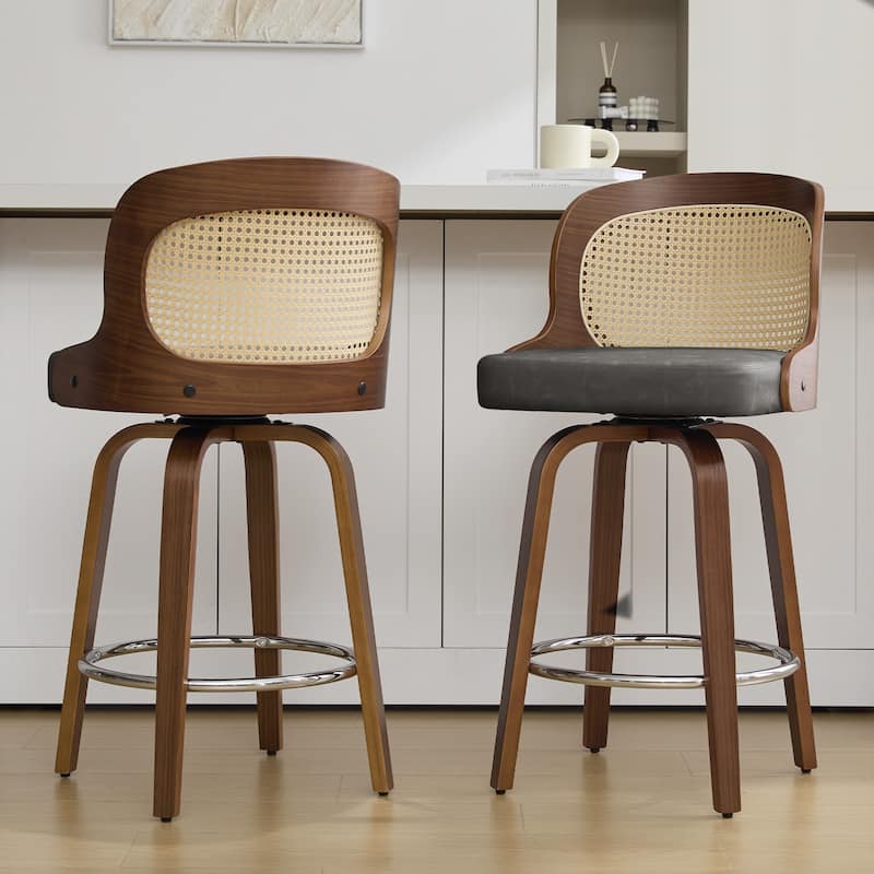 26" Upholstered Swivel Counter & Bar Stool with Rattan Back - 37.4"H x 19.09"W x 19.88"D