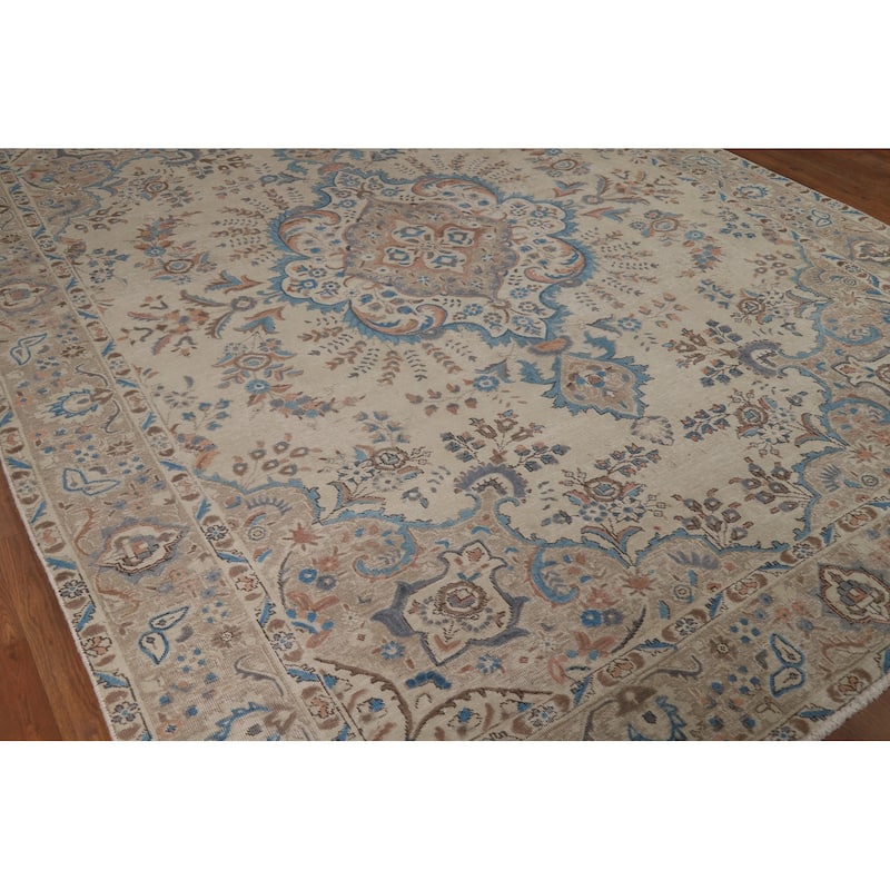 Hand Knotted Oriental 100% Wool Carpet Traditional Floral Beige & Ivories Tabriz Area Rug - 11' 0'' X 8' 2''