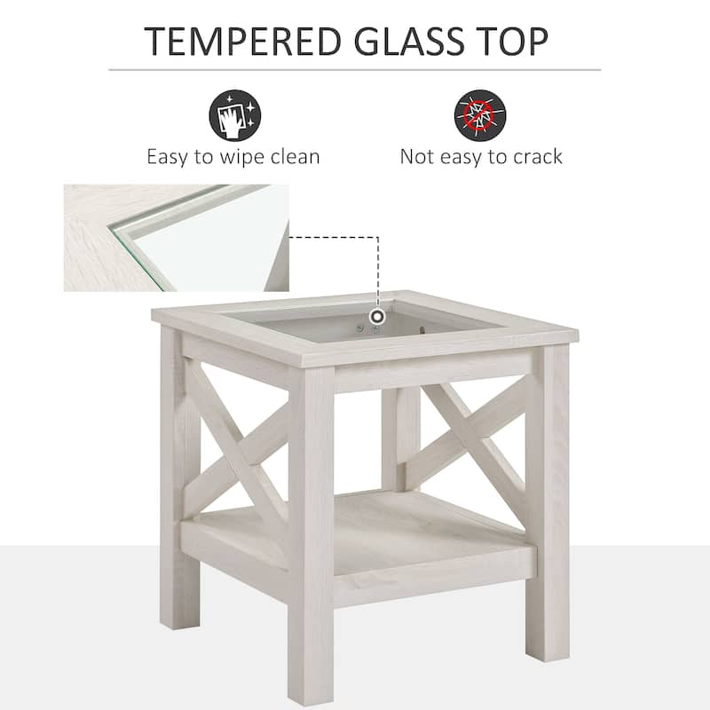 HOMCOM Traditional End Table with Wood Frame, Tempered Glass Tabletop and Underneath Storage Shelf, White Oak