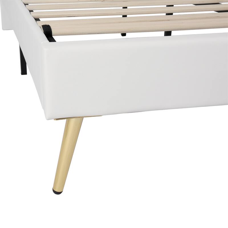 White Full Upholstered Bed Frame with LED Lights and Crown Headboard, 12 Slats, 600 lbs Capacity