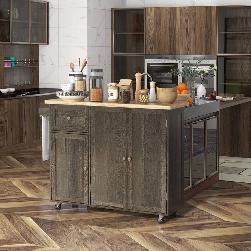 Triple-Cabinet Rolling Kitchen Island On Wheels(no include stool)