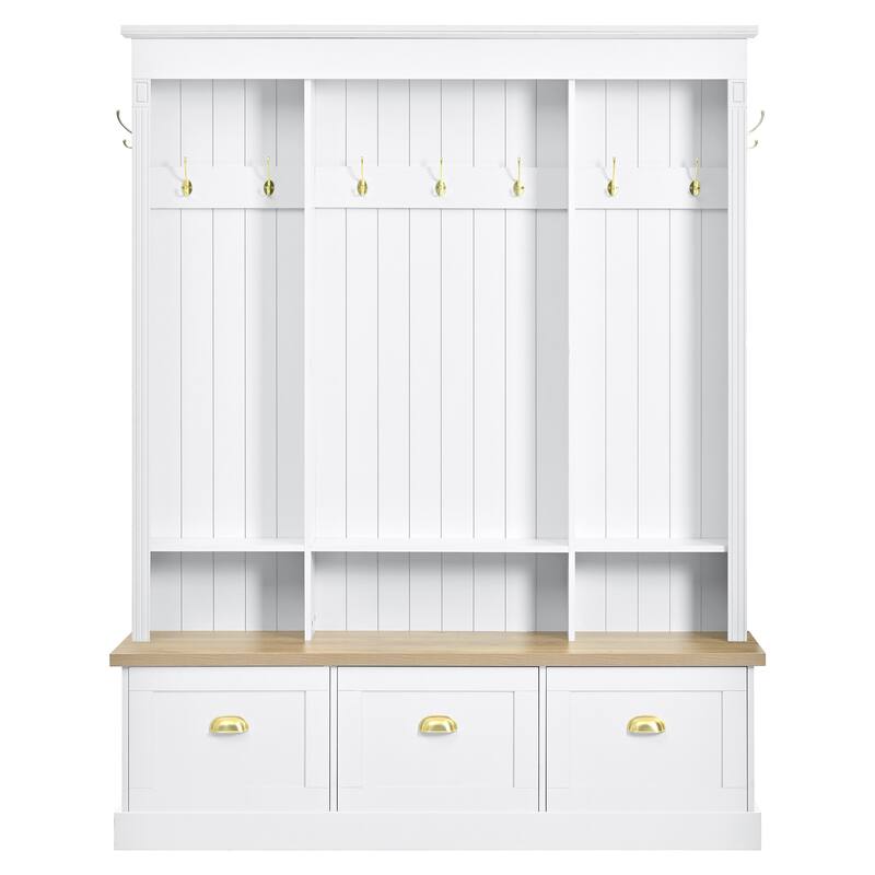 Hall Tree Hallway Storage Bench with Shoe Cubbies and Coat Rack with Hooks