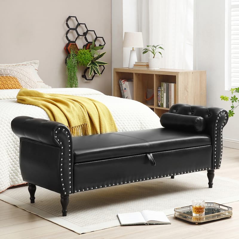 63" PU Upholstered End of Bed Bench Flip Top Entryway Ottoman with Safety Hinge Storage Rectangular Sofa Stool Buttons