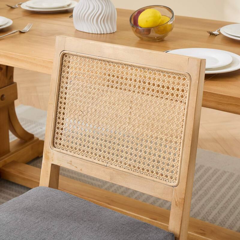 Roomfitters Rattan Dining Chairs Set of 2, Mid-Century Farmhouse Kitchen Chairs with Cane Back and Linen Upholstery