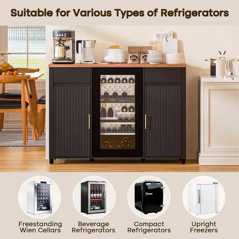 BOSSIN 53.23" Wine Bar Cabinet with Charging Station, Fluted Design, Fits 20" Wine Fridge, Adjustable Shelves for Kitchen