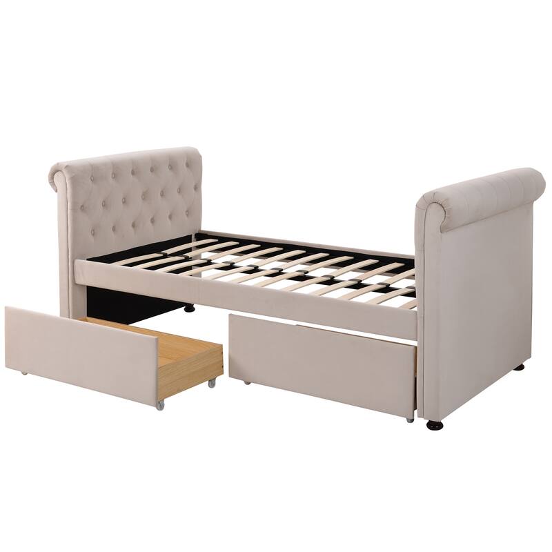 Twin Size Upholstered Daybed with Drawers, Wood Slat Support, No Box Spring Needed