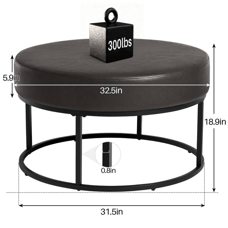 Faux Leather Round Ottoman for Living Room with Metal Legs