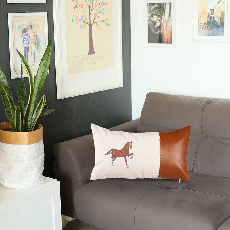 HomeRoots 20" X 12" Beige Horse Animal Print Zippered Handmade Faux Leather Lumbar Pillow With Embroidery