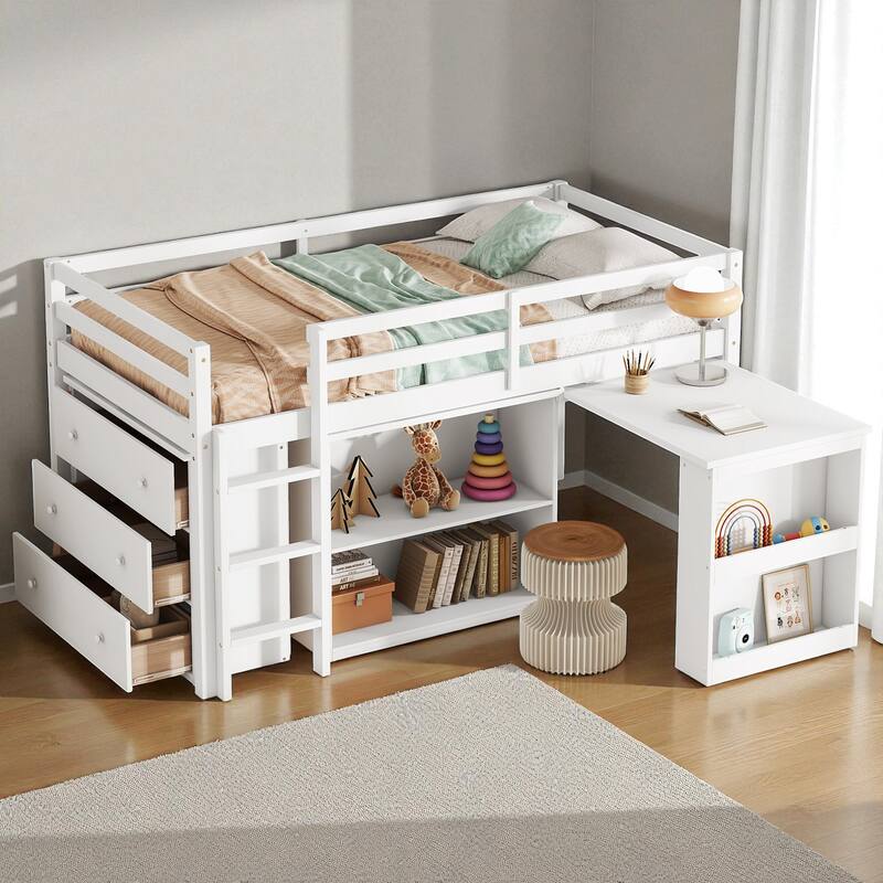 Twin Size Rubber Wood Loft Bed with Pull-Out Desk, Drawer Cabinet, and Shelf Storage, Safety Guardrails and Ladder