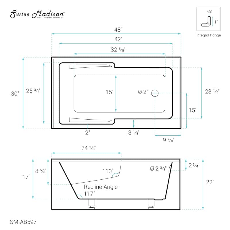 Voltaire 48 X 30" Right-Hand Drain Alcove Integrated Armrest Bathtub With Apron - 48x30 Right