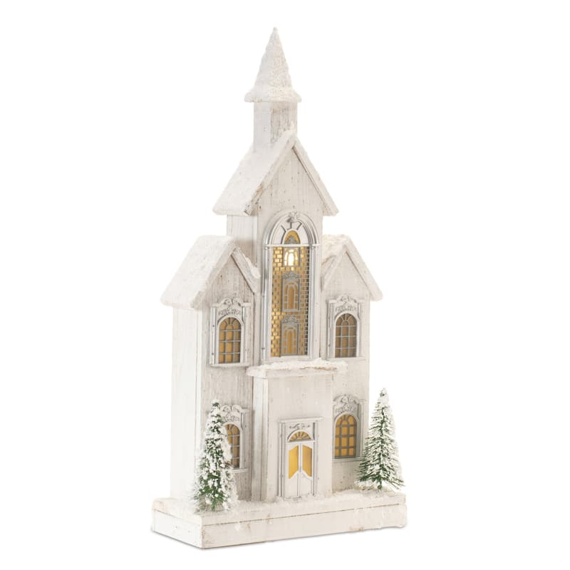 LED Lighted Flocked Church Christmas Decoration - 22.25" - White and Green