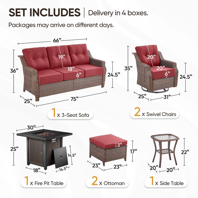 7-Piece Sofa Swivel Chairs Ottoman with 30" Firepit Table