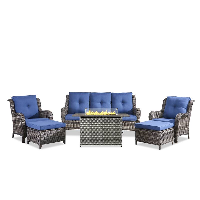 Fire Pit Table with Patio Sofa Chairs and Ottomans