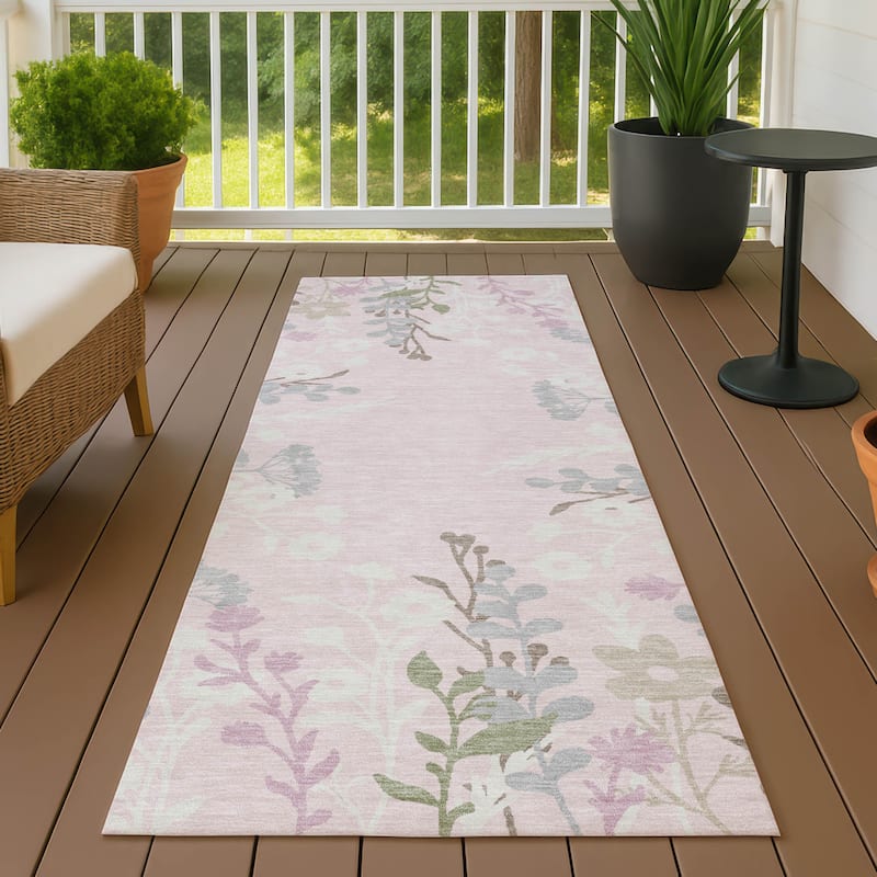 Machine Washable Indoor/ Outdoor Floral Border Chantille Rug - Pink - 2'3" x 7'6"