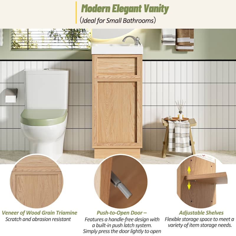 Roomfitters 15.75" Bathroom Vanity with Resin Sink, Adjustable Shelf, Push-to-Open Reversible Door, Wood