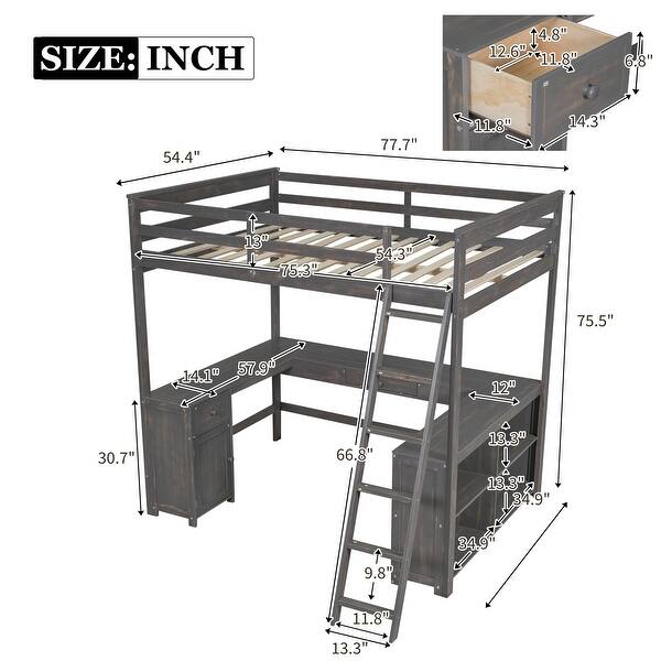 dimension image slide 3 of 4, Loft Bed with U-shaped Desk, Drawers and Storage Shelves,Full/Twin Size