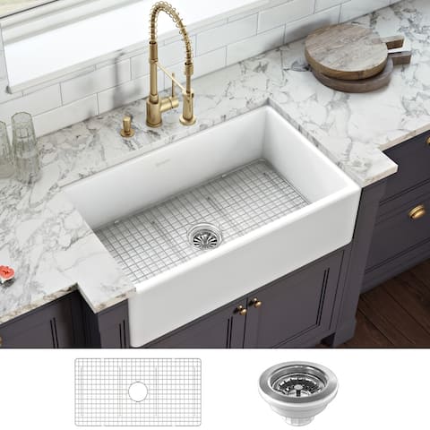 Ruvati 30 x 20 inch Fireclay Reversible Farmhouse Apron-Front Kitchen Sink Single Bowl - White -