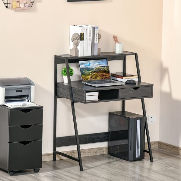 slide 2 of 14, HOMCOM Computer Desk for Small Spaces, School Student Desk Study Writing Desk, Small Corner Desk with Drawer and Storage Shelves Grey