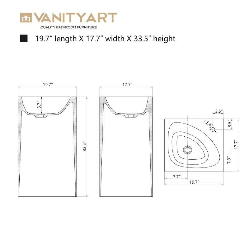 Vanity Art 33.5" Height Stone Resin Pedestal Freestanding Bathroom Sink Hand Wash Basin - 19.69" L x 17.72" W x 33.46" H