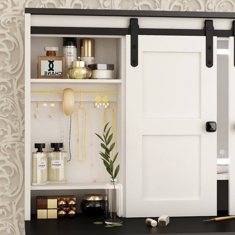 43 Inch Farmhouse Makeup Vanity Table with Lighted Mirror, Storage Drawers and Hair Dryer Holder for Bedroom