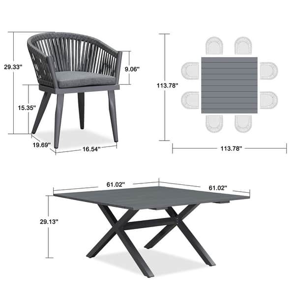 dimension image slide 1 of 4, PURPLE LEAF Outdoor Dining Set with Patio Aluminium Dining Table and Wicker Rattan Chairs