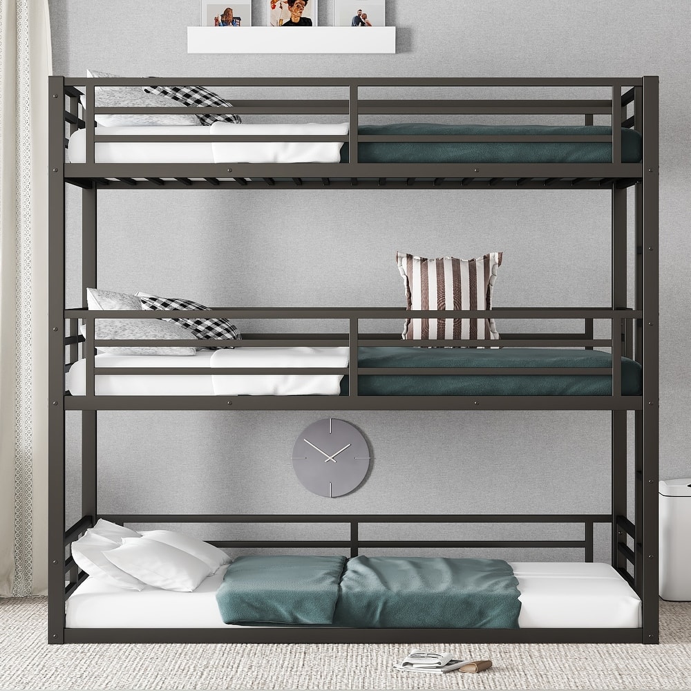 Heavy Duty Metal Bunk Bed Frame, Triple Floor Bunk Bed, Metal Triple Bunk Bed Frame with Safety Guardrails