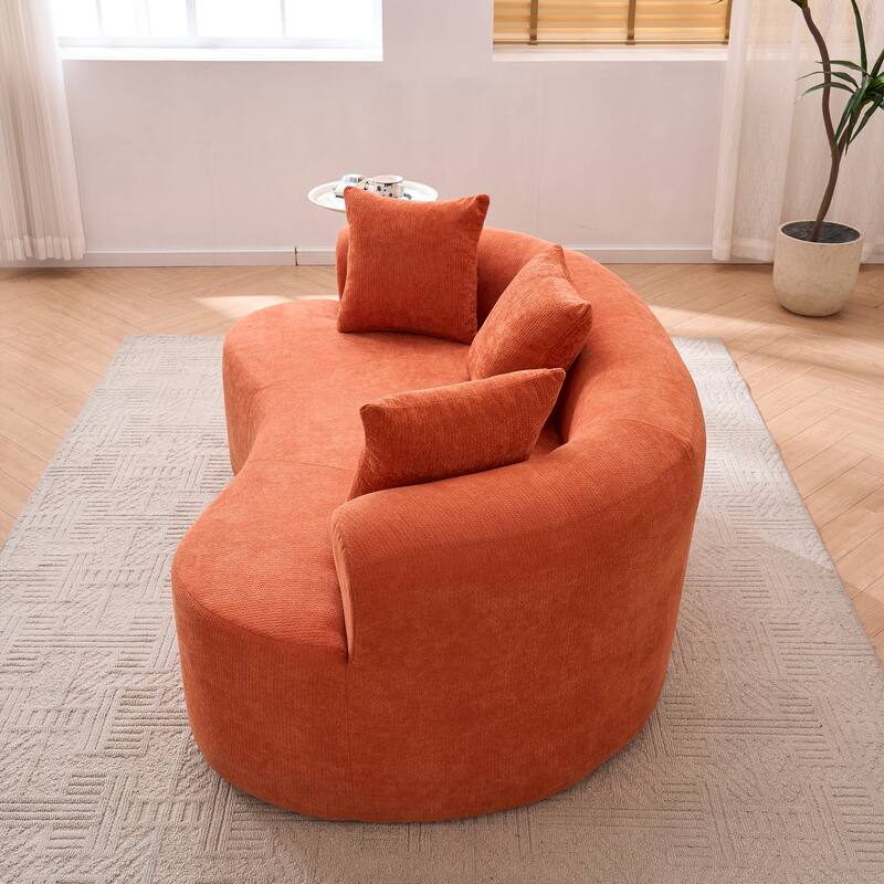 Chenille Crescent-Shaped Loveseat Sofa, High-Resilience Foam Filled 3-Seater Sofa, Upholstered Floor Sofa with Pillows