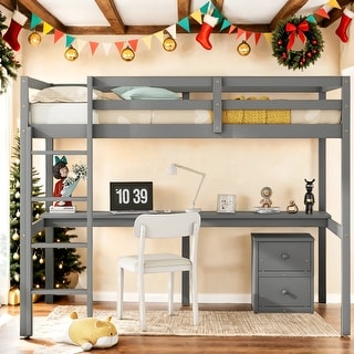 Wood Twin Loft Bed with Under-bed Built-in Desk and Storage Cabinet,Kids Bed Design